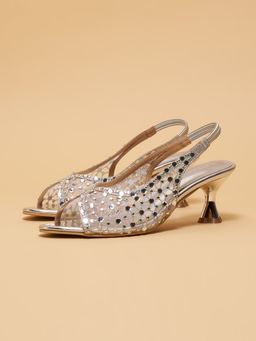 ERIDANI - Kiara Embellished Slingback Silver Heels