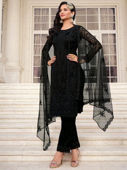 Stylee LIFESTYLE - Black Net Embroidered Dress Material (Set of 3)