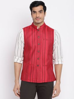 Fabindia - Red Viscose Blend Dobby Nehru Jacket