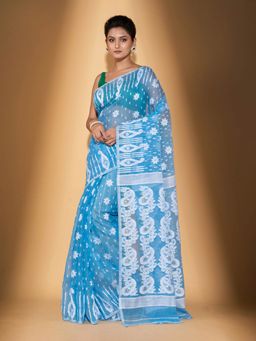 Beatitude - Blue Cotton Silk Jacquard Jamdani Saree with Unstitched Blouse