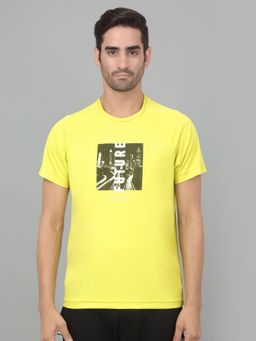 Cantabil - Men Yellow Graphic Half Sleeve Stretchable Activewear T-shirt