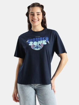 Jockey - Navy Blue D200 Women Disney Stitch Cotton Oversized Printed T-Shirt
