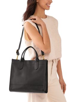Fossil - Kyler Solid-Plain Black Leather Tote Bag with Detachable Strap (M)