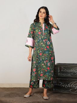 Spring Soul - Green Cotton Floral Colorblocked Sleeve Kurta with Pant