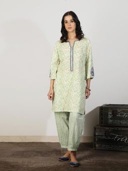 Spring Soul - Mint Green Floral Cotton Embroidered Sleeve Kurta with Salwar Pant