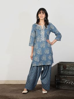 Spring Soul - Blue Cotton Farshi Salwar Mirrorwork Kurta with Salwar Pant