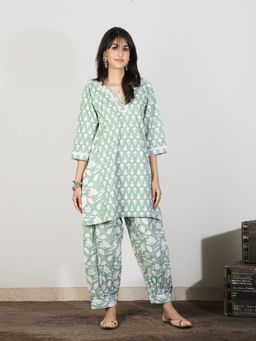 Spring Soul - Green Cotton Afghani Laceworkkurta with Salwar Pant