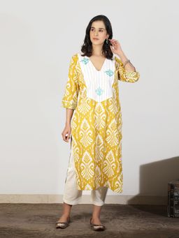 Spring Soul - Yellow Ikat Embroidered Yoke Kurta with Pant