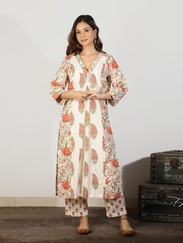Spring Soul - Beige A-Line Kali Mughal Printed Kurta with Pant