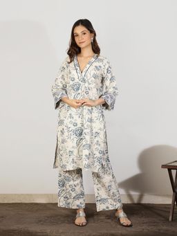 Spring Soul - Off White Floral Cotton Flax Co-Ord Set