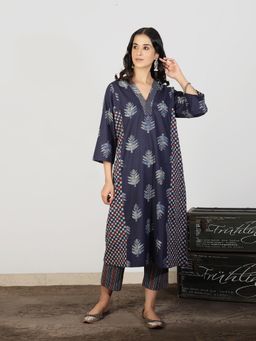 Spring Soul - Navy Blue A-Line Kali Striped Kurta with Pant