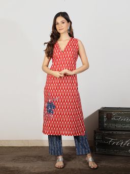 Spring Soul - Red Ikat Applique Embroidery Striped Kurta with Pant