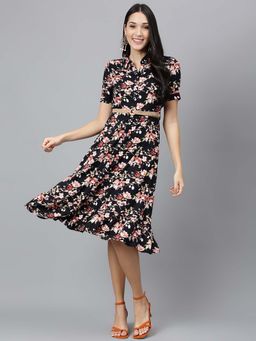 Latin Quarters - Black Printed Half Sleeves Collar Neck Fit and Flare Midi Dress with Belt