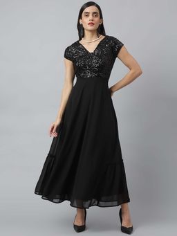 Latin Quarters - Black Embellished Cap Sleeves V-Neck A-Line Maxi Dress