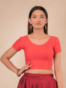 BINDIGASM'S ADVI - Self Design Red Cotton Stretchable Pull On Stitched Blouse