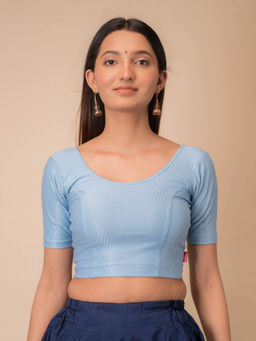 BINDIGASM'S ADVI - Self Design Sky Blue Cotton Stretchable Pull On Stitched Blouse