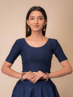 BINDIGASM'S ADVI - Self Design Navy Blue Cotton Stretchable Pull On Stitched Blouse