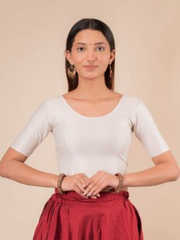 BINDIGASM'S ADVI - Self Design Off White Cotton Stretchable Pull On Stitched Blouse