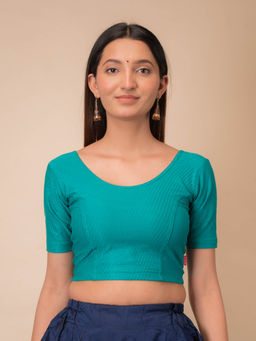 BINDIGASM'S ADVI - Self Design Turquoise Cotton Stretchable Pull On Stitched Blouse