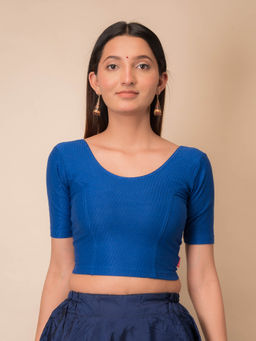 BINDIGASM'S ADVI - Self Design Royal Blue Cotton Stretchable Pull On Stitched Blouse