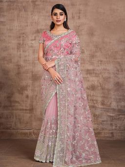 Odette - Pink Designer Net Saree with Unstitched Blouse