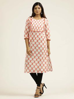 Jaipur Kurti - Orange Pure Cotton Printed Straight Kurta