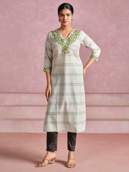 Jaipur Kurti - Cotton Checks Embroidered Straight Kurta