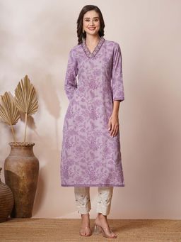 FASHOR - Ethnic Floral Print Embroidered Straight Fit Kurta