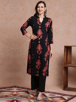 FASHOR - Black Ethnic Ikat Printed Straight Fit Kurta