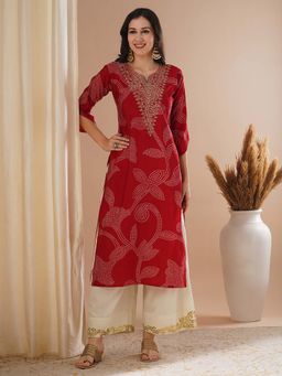 FASHOR - Red Bandhani Print Embroidered Straight Fit Kurta