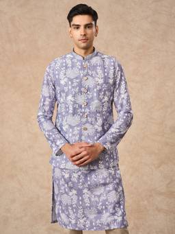 Manyavar - Lavender Blended Cotton Printed Nehru Jacket with Pocket Pin for Men