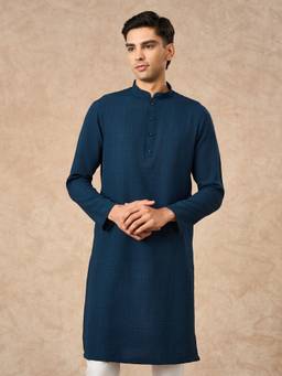 Manyavar - Navy Blue Art Silk Kurta with Self-Texture for Men