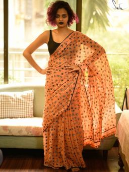 Suta - Orange Printed Pure Cotton Saree without Blouse