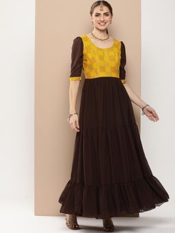Ethnovog - Ready To Wear Yellow Rayon And Brown Georgette Gathers Dress