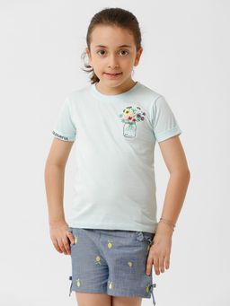 Kate & Oscar - Girls Floral Embroidered T-Shirt Blue
