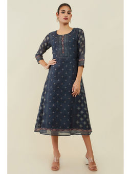Soch - Womens Navy Blue Chanderi Blend Dress Kurta with Printed Designs & Sequins