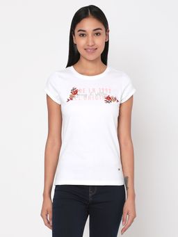 Spykar - White Cotton Slim Fit T-Shirt for Women