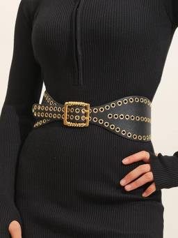 SSN BELTS - Women Black Self Design Belt