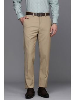 Louis Philippe - Men Beige Slim Fit Solid Flat Front Formal Trousers