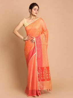 Indethnic - Banarasi Orange Woven Design Party Wear Saree With Unstitched Blouse