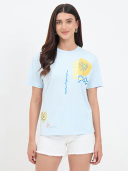 Madame - Graphic Print Blue Cotton T-Shirt