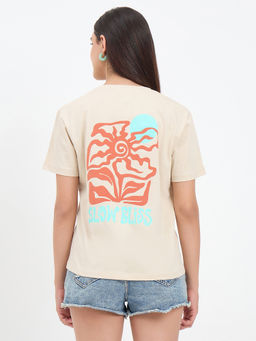 Madame - Beige Cotton Printed Half-Sleeve T-Shirt