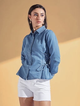 Miss Chase - Womens Light Blue Shirt Collar Tie Up Regular Length Denim Shirt
