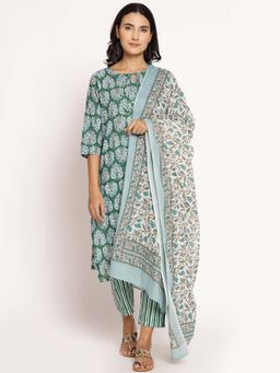 Shree - Women Cotton Green Floral Printed Kurta Trouser Dupatta (Set Of 3)