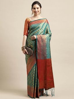 Odette - Teal Blue Festive Silk Blend Woven Design Saree with Unstitched Blouse