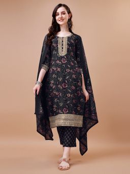 Seerat - Black Printed Kurta with Embroidery with Trousers & Printed Dupatta (Set of 3)