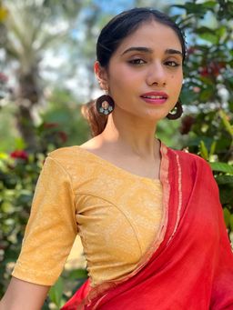 BINDIGASM'S ADVI - Khwaab Self Jacquard Stretchable Slip On Mustard Stitched Blouse