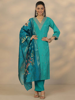 Libas - Women's Teal Printed Silk Blend Straight Kurta With Pant & Dupatta
