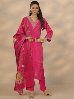 Libas - Women's Pink Printed Silk Blend Straight Kurta With Pant & Dupatta
