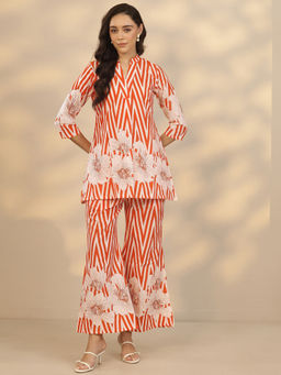 Libas - Women's Orange Printed Cotton Regular Co-Ords Set